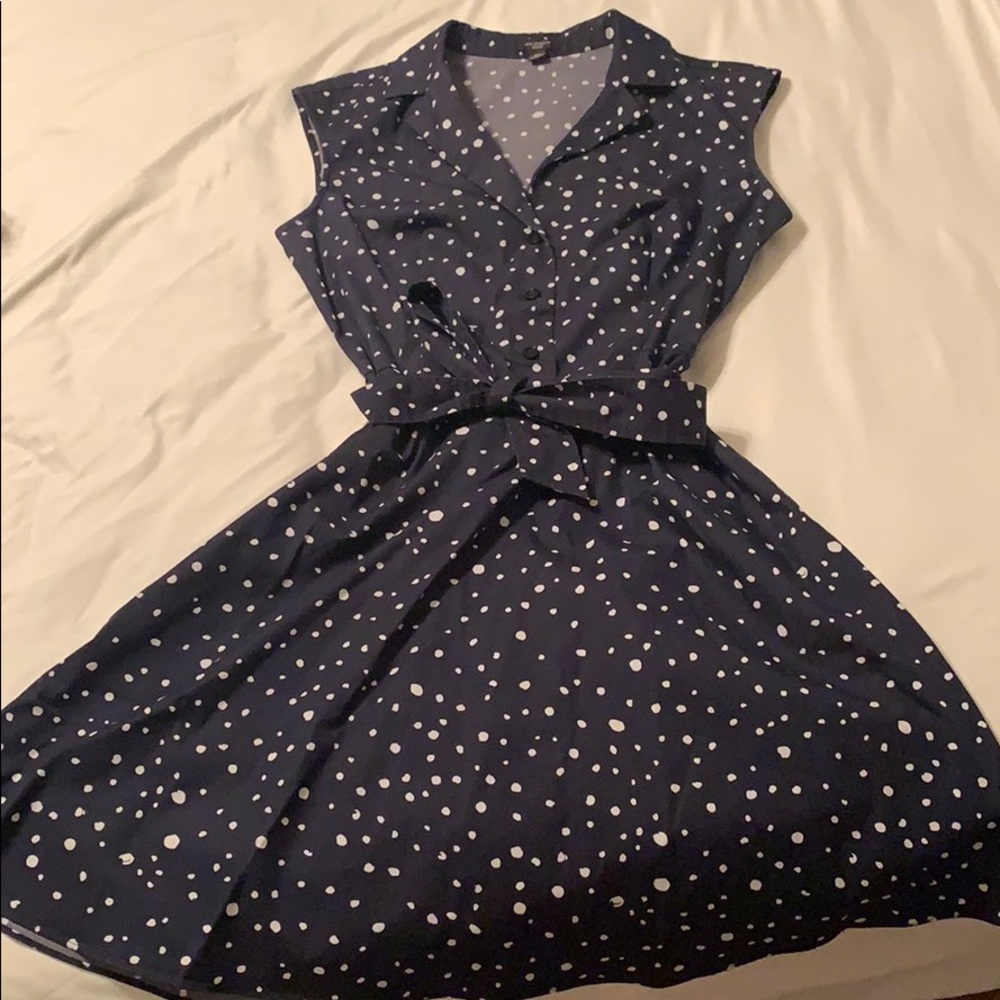 Mid-length navy blue/white polka dot dress
